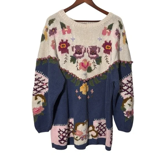 Vintage Bronte Knitted by Hand Cottagecore Granny Floral Sweater Size Large - Picture 2 of 16